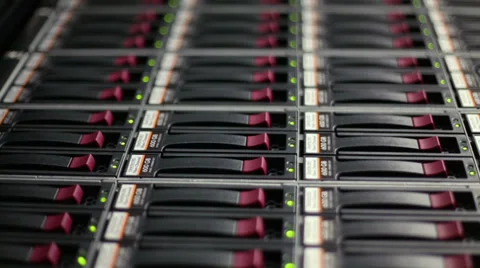 LED lamps flash in data server with multiple hard drives at rack Video stock 31209812