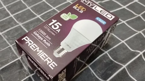 LED Light Bulb Packaging Box on Fabric Background – Energy Saving Lighting Produ Stock Footage 340413960
