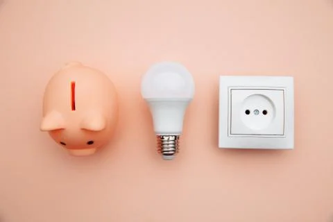 LED light bulb, power socket and pink piggy bank. Power energy economy concept Stock Photos