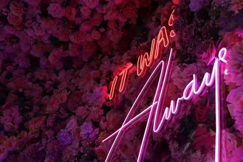 An LED light creating words of "It Was Always" with flowers background Stock Photos
