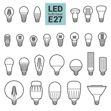 LED light E27 bulbs vector outline icon set Stock Illustration