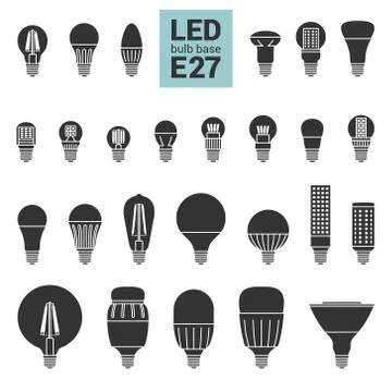 LED light E27 bulbs vector silhouette icon set Stock Illustration