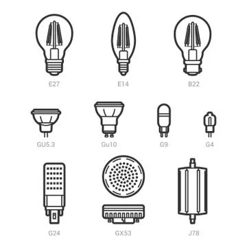 LED light lamp bulbs vector outline icon set Stock Illustration