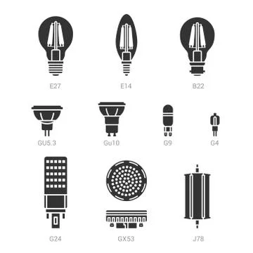 LED light lamp bulbs vector silhouette icon set Stock Illustration