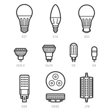 LED light lamp bulbs vector outline icon set Stock Illustration