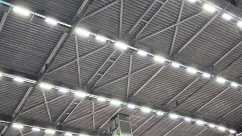Led lighting of a big warehouse. Ceiling with bright LED lights in a modern.. Stock Footage 293453265