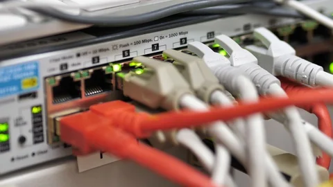LED Lights Blinking with Ethernet Cables Connected to Switch Server Stock Footage 127714931