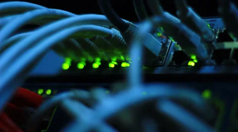 LED lights on Ethernet switch working at full strength Stock Footage 31824277