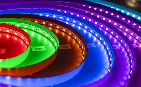 LED lights. Multi-colored light bulbs for illumination. Texture of colored .. Stock Photos