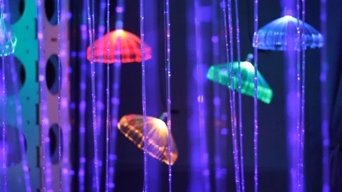 Led lights strings with hanging glowing jellyfishes, magical ornate garlands Stock Footage 126886371