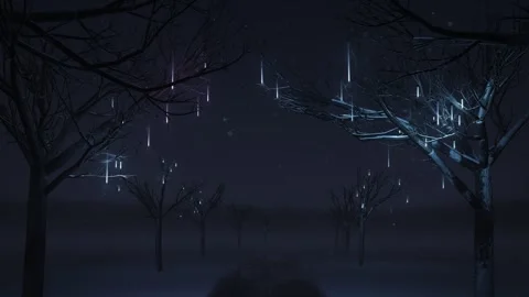 LED Meteor Shower Lights Falling on Snowy Tree Branches Seamless Loop Vídeo Stock 348021837