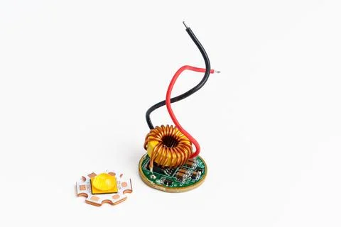 LED module and driver with wiring and components on white background Stock-Fotos