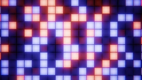 Led screen grid with glowing orange and blue squares creating a vibrant, Stock Footage 336859921