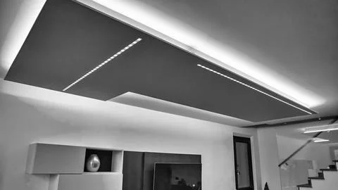 LED Strip Lighting Installation for a Bright and Modern Basement Renovation Stock Photos