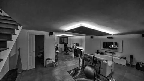 LED Strip Lighting Installation for a Bright and Modern Basement Renovation Stock Photos