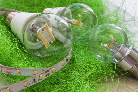 LED strip with various E27 light bulbs Stock Photos