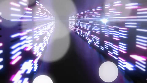 LED-style rectangular light bars converging into corridor, floating white bokeh Stock Footage 309101579
