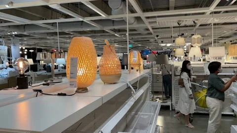 LED table lamp handmade bamboo on white display at IKEA Store Bang Yai Stock Footage 172352521