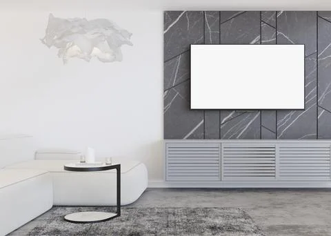 LED TV with blank white screen, hanging on the wall at home. TV mock up. Copy Ilustração Stock