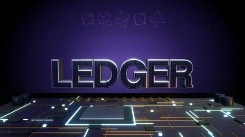 LEDGER 3D Text with Blockchain Cubes on a Circuit Board Stock Illustration
