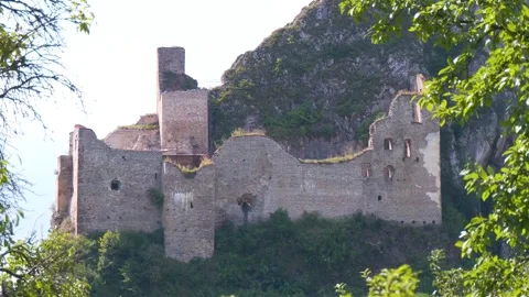 Lednica Castle Ruins Beneath Dramatic Rock Cliff Stock Footage 342028693