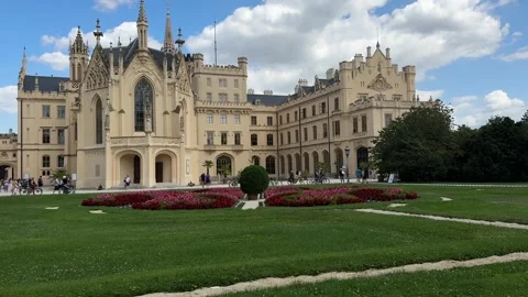 Lednice Castle Neo Gothic facade and formal gardens in Czech Republic iconic his Stock Footage 340637739