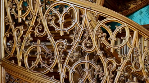 Lednice, Czech Republic - July 19, 2026: A carved wooden staircase balustrade Stock Footage 342286577