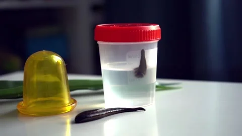 A leech crawls out of a jar on green leaves. Hirudotherapy Stock Footage 219993787