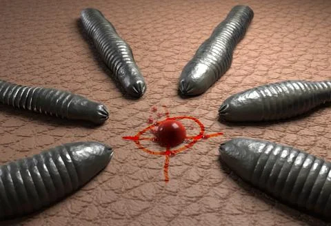 Leech worms target on blood drop on human skin 3d illustration Stock Illustration