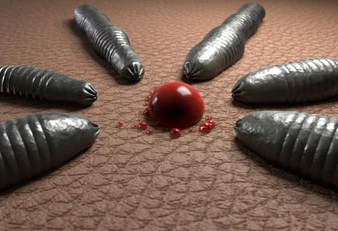 Leech worms target on blood drop on human skin 3d illustration Stock Illustration