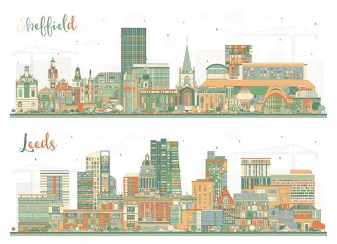 Leeds and Sheffield UK City Skyline Set. Stock Illustration