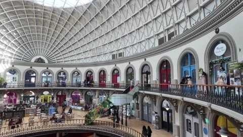 Leeds Corn Exchange - Interior View of Victorian Trading Hall and Boutiques. Video stock 338218472
