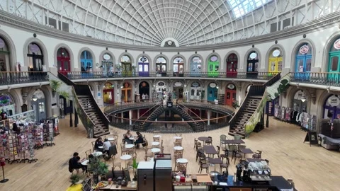 Leeds Corn Exchange - Visitors at a Cafe in a Historic Victorian Trading Hall. Stock Footage 338218769