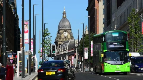 Leeds town hall and redeveloped headrow leeds city centre uk Stock Footage 157583383