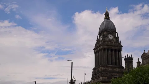 Leeds Town Hall Clock Tower Against Blue Summer Sky Stock Footage 342332821