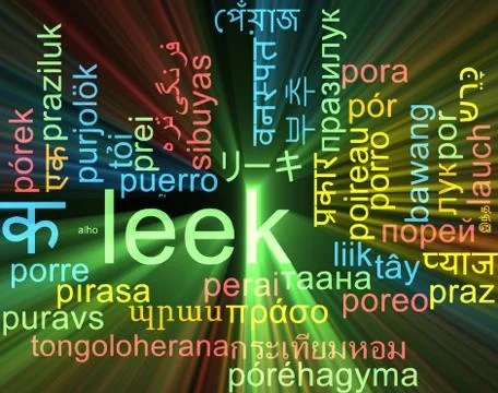 Leek multilanguage wordcloud background concept glowing Stock Illustration
