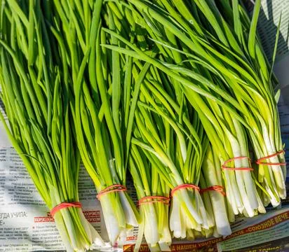Leeks arranged in large piles on the display at the farmer's market. Green le Stock Photos