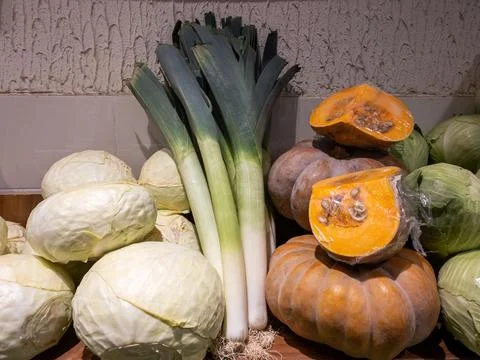 Leeks, cabbage and pumpkin Stock Photos