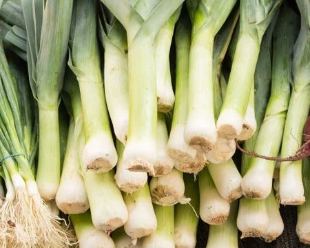 Leeks on display at the market Stock Photos