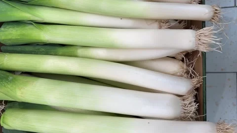 Leeks on display at the vegetable shop Stock Footage 291854214