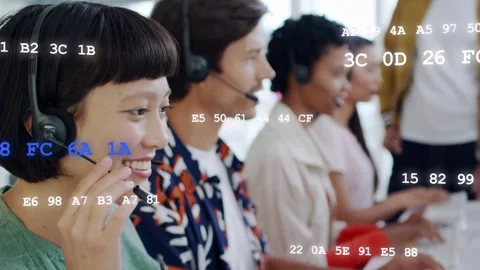 Left agent bringing mic, speaking, handling support calls; panning to faces, hex Stock Footage 333689460