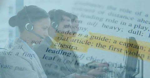 Left agent starting support call, team typing at screens, highlighted leader Stock Photos