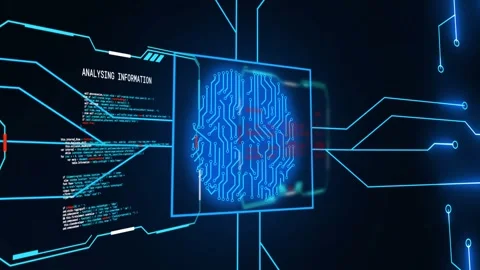 Left ANALYSING INFORMATION tab starting panel facing front brain glyph forming Stock Footage 334337692
