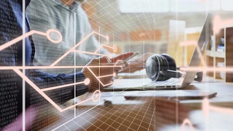 Left analyst picking phone and tapping, starting circuit grid sweeping desk, Stock Footage 335465904