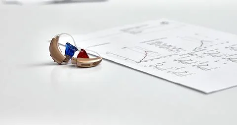 Left and right hearing aids lying on audiologist table near hearing test docu Stock Photos