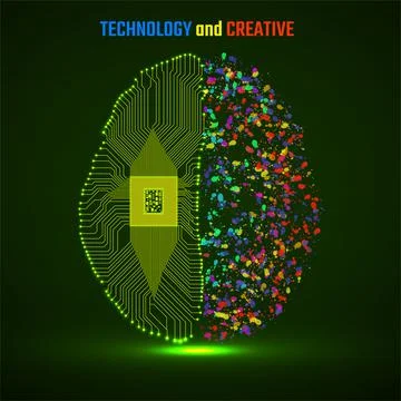 Left and right human brain cerebral hemispheres with cpu, circuit board and Illustrazione stock