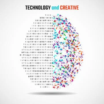 Left and right human brain cerebral hemispheres with binary code and colorful Stock Illustration