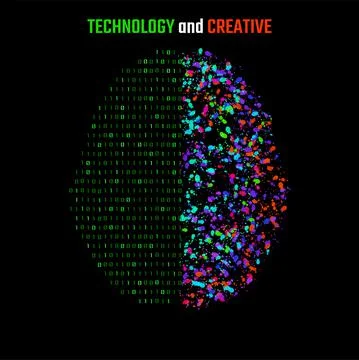 Left and right human brain cerebral hemispheres with binary code and colorful Stock Illustration