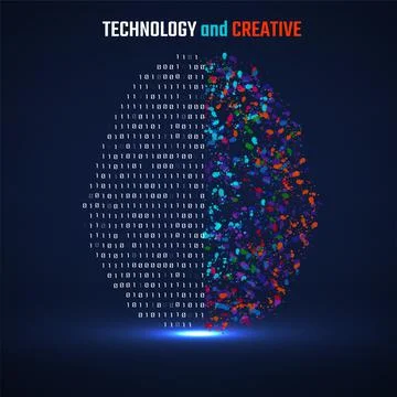 Left and right human brain cerebral hemispheres with binary code and colorful Stock Illustration