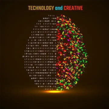 Left and right human brain cerebral hemispheres with binary code and colorful Stock Illustration